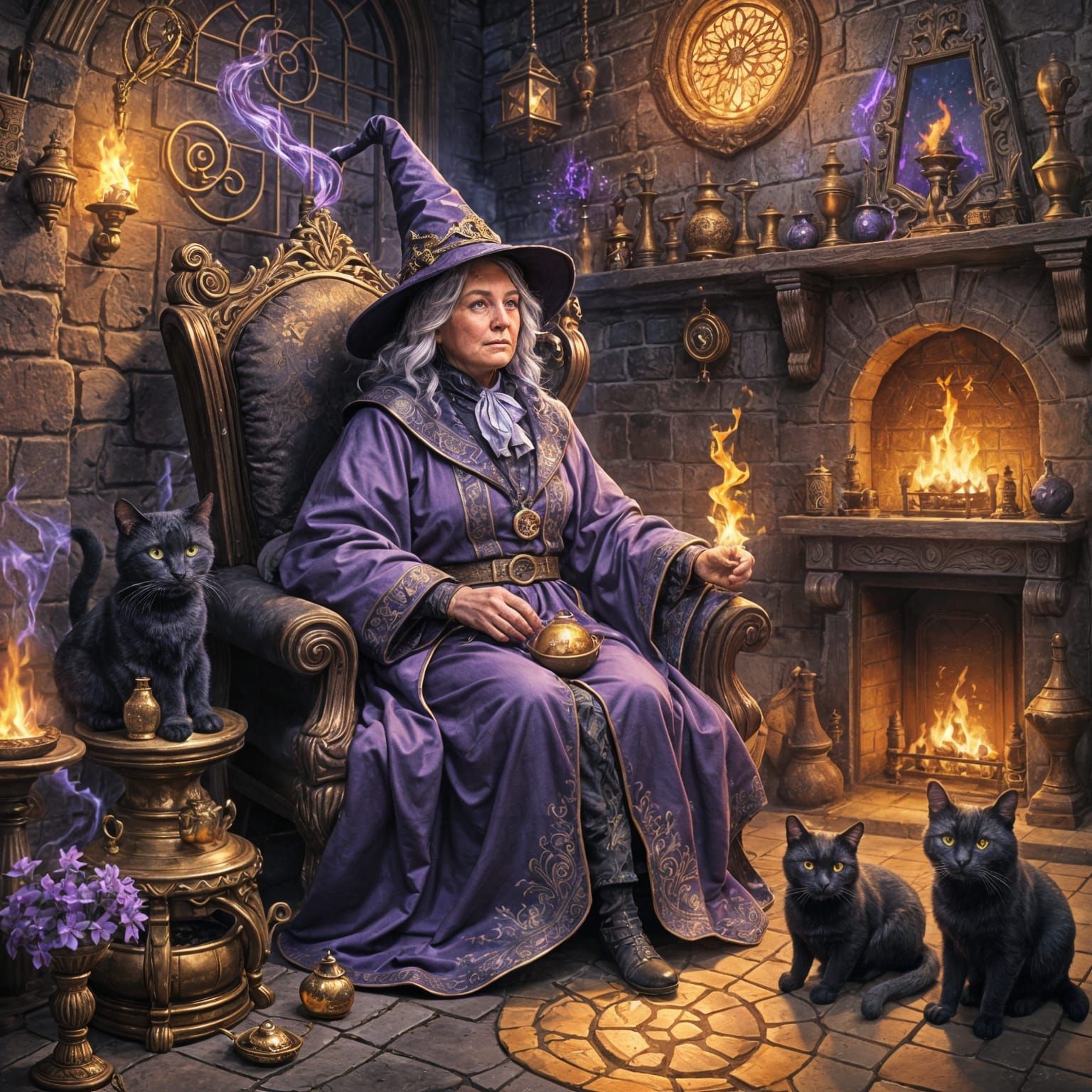 Magical Cottage Interior with Old Woman and Cat