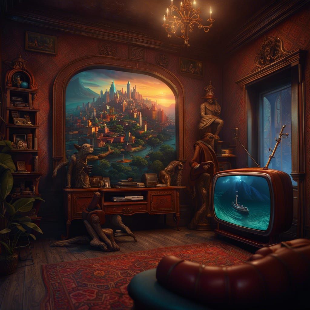Nobleman Watching IPTV: Detailed Fantasy Art