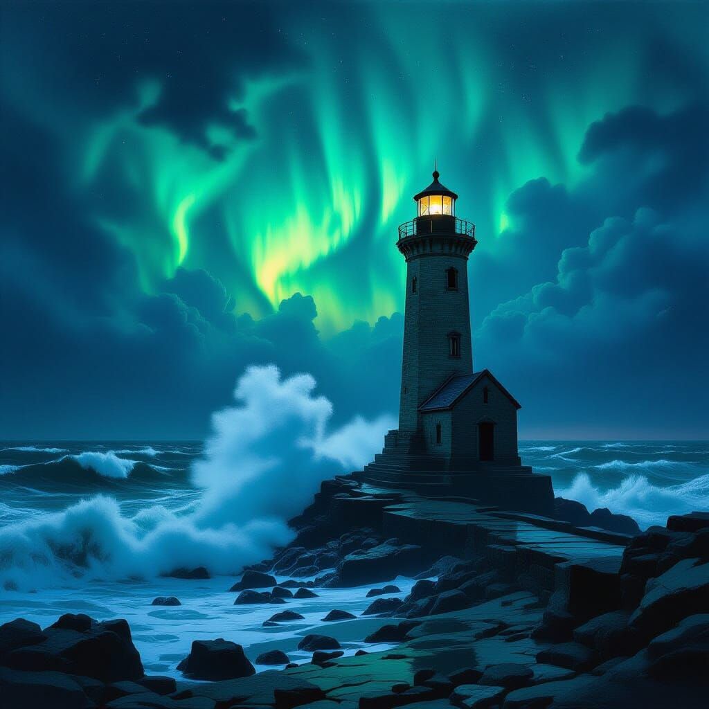 Ancient Lighthouse Against Stormy Sea and Aurora Sky
