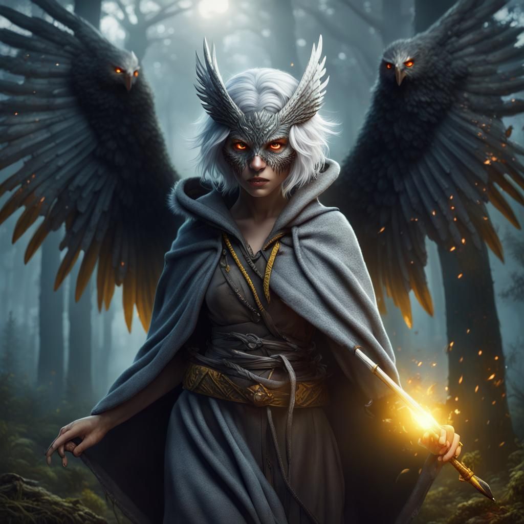 Winged Harpy Battles Monsters in Dark Forest