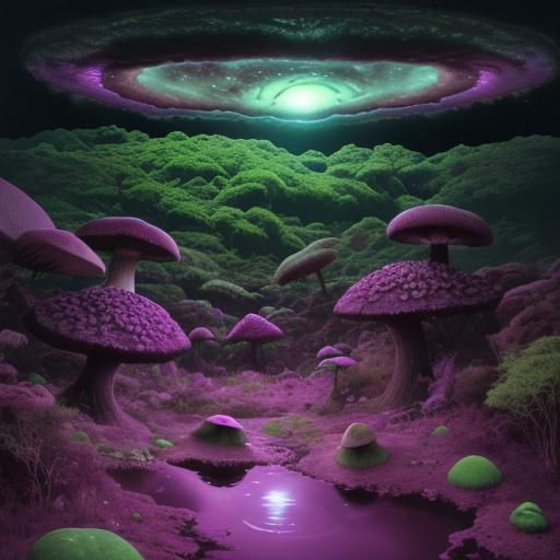 Alien Planet with Bioluminescent Mushrooms and Misty Sky