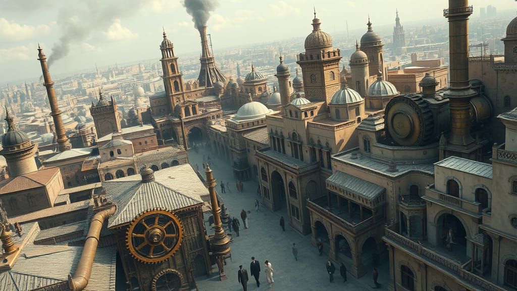 Dreamlike Steampunk City with Intricate Machinery