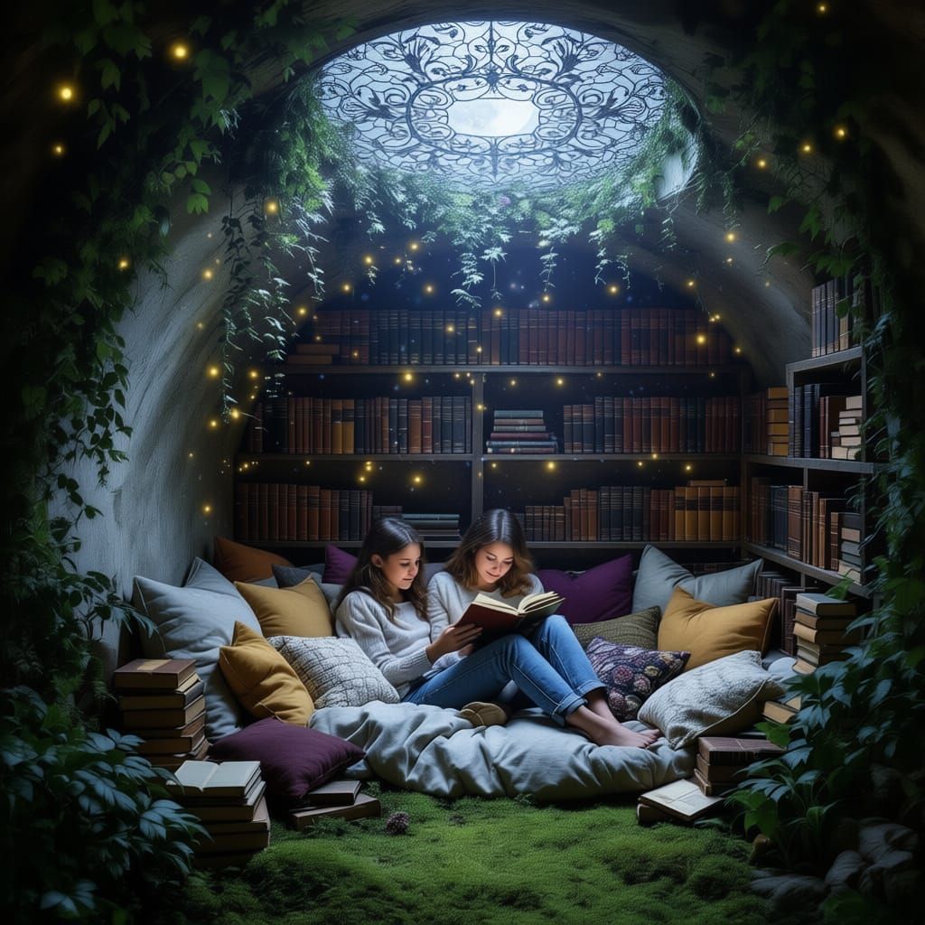 Cozy Reading Nook with Moonlight and Filigree Window