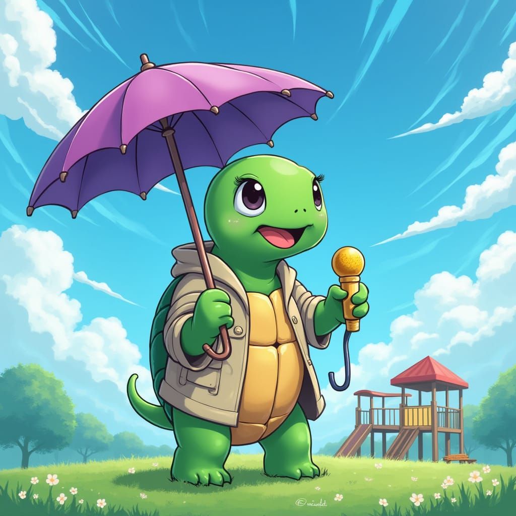 Singing Turtle in Anime Style Under Umbrella