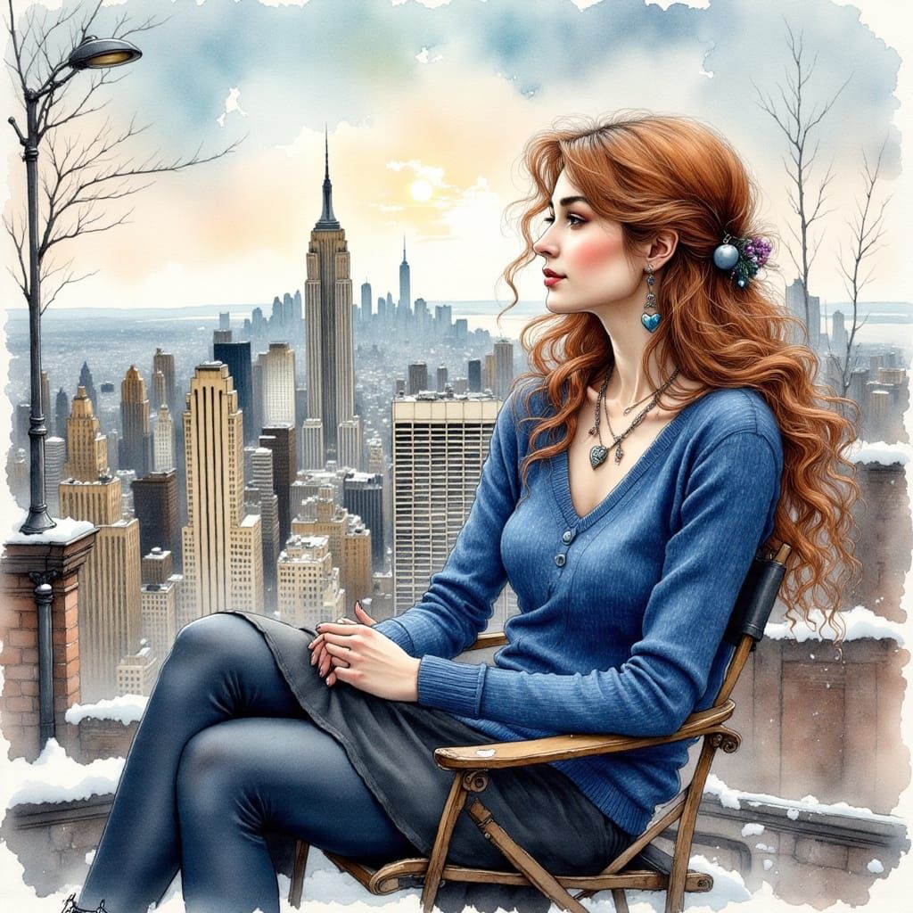 Young Woman Contemplates Future on New York Rooftop in Hyper...