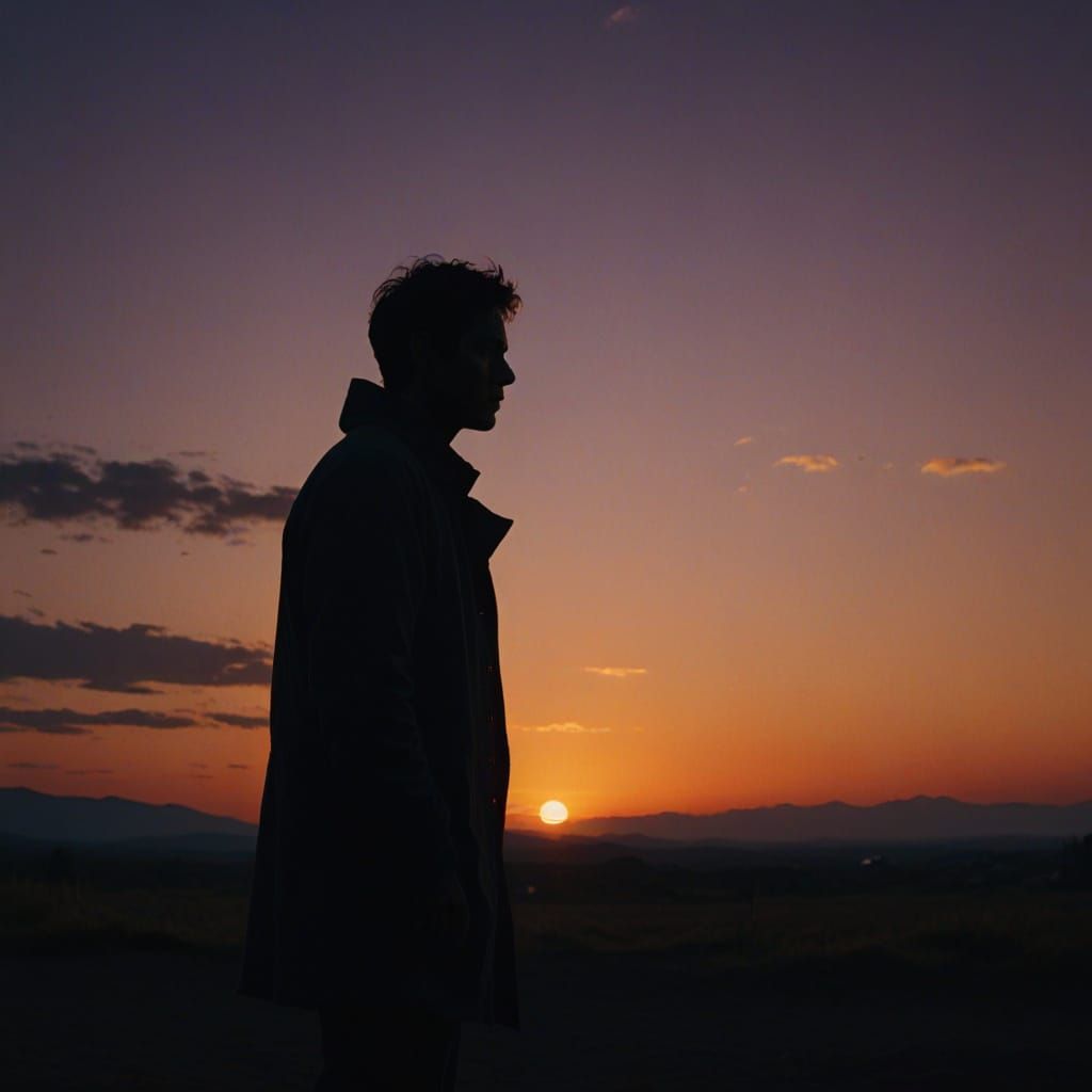 Figure Silhouetted Against Vibrant Sunset in Cinematic Film ...