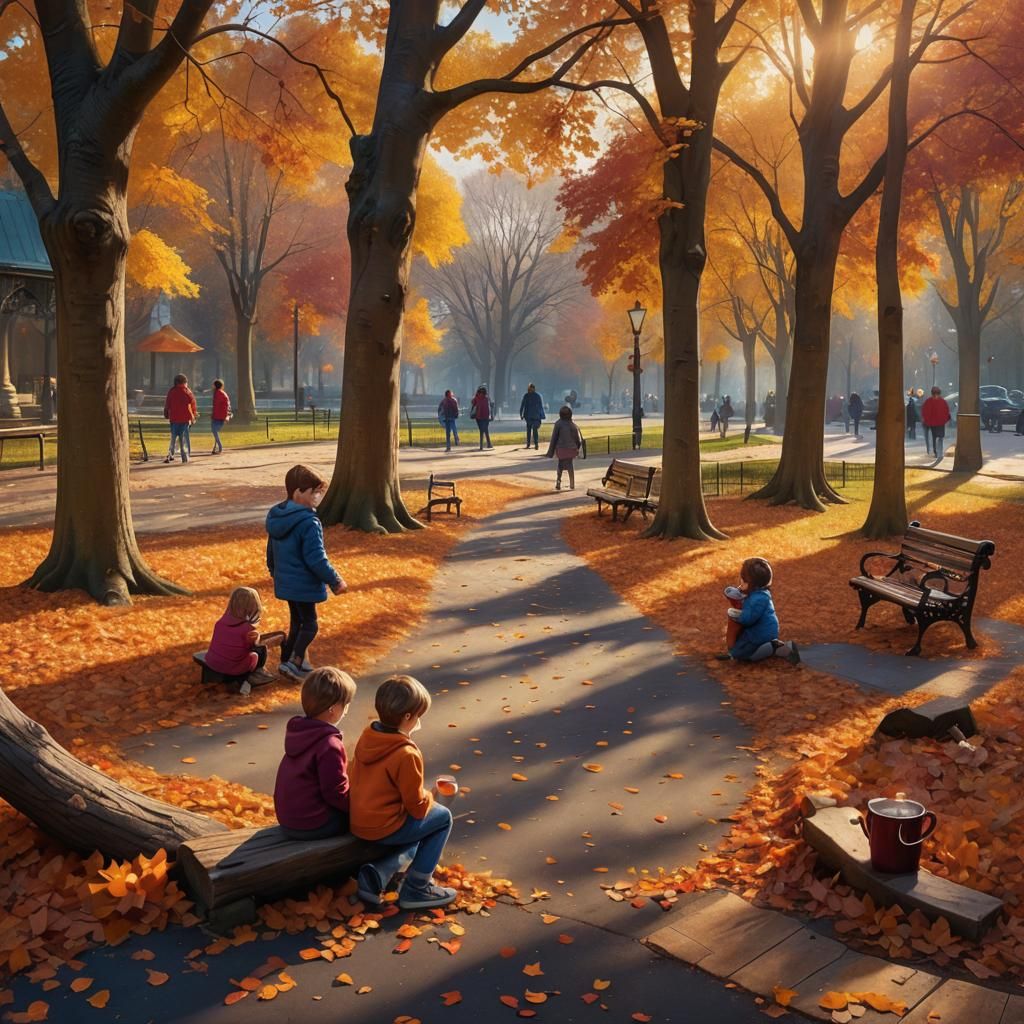 Whimsical Autumn Park Scene in Dreamy Golden Light