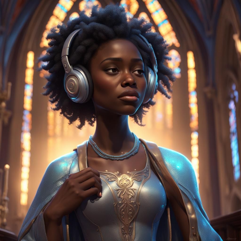 Joyful Girl Listening to Music in Church: 3D Digital Art