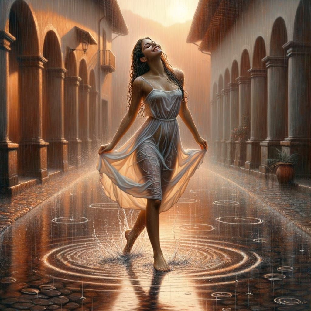 A Young Woman's Serene Rainy Moment in a Classic Art Style