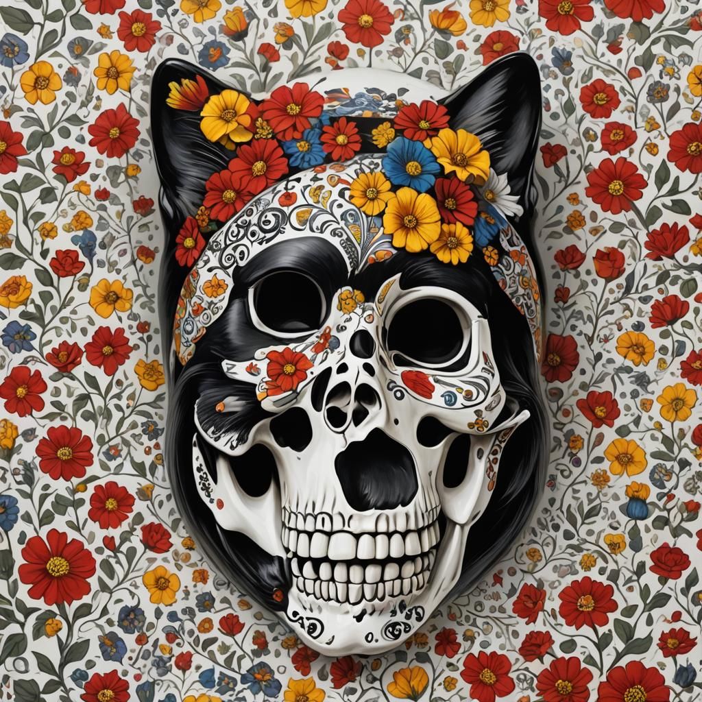 Whimsical Tuxedo Cat with Skull Helmet and Flowers