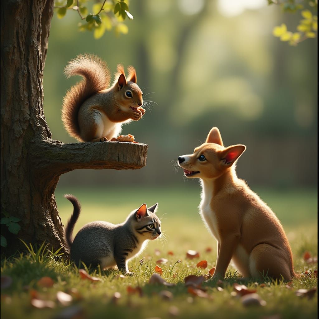 Fearless Squirrel on Tree Branch, Admired by Cat and Protest...