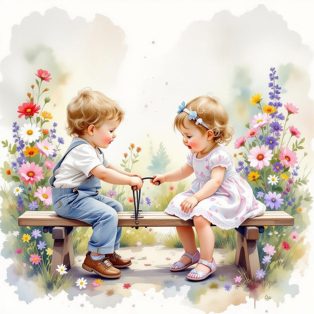 Ethereal Watercolour of Siblings on Seesaw