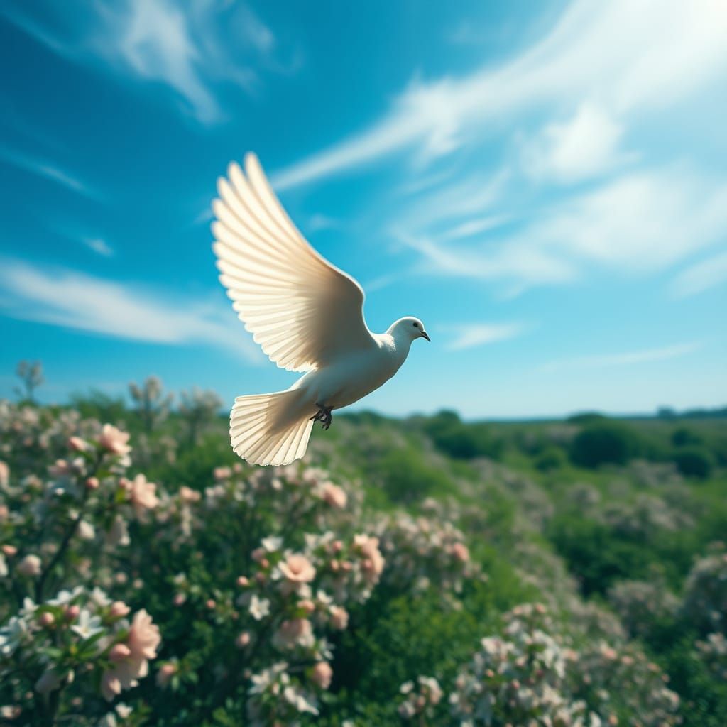 Dove Glides Through Blossom Forest in Photorealistic Style