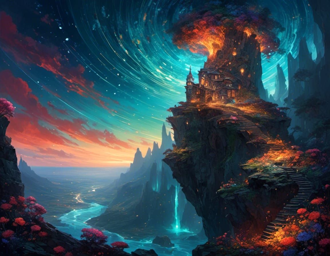 Fantasy Cliffside with Bioluminescent Flora and Spiral Tower