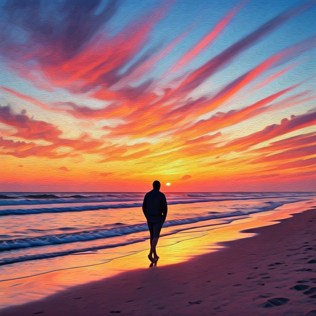 Beach Sunset Silhouette in Impressionist Style