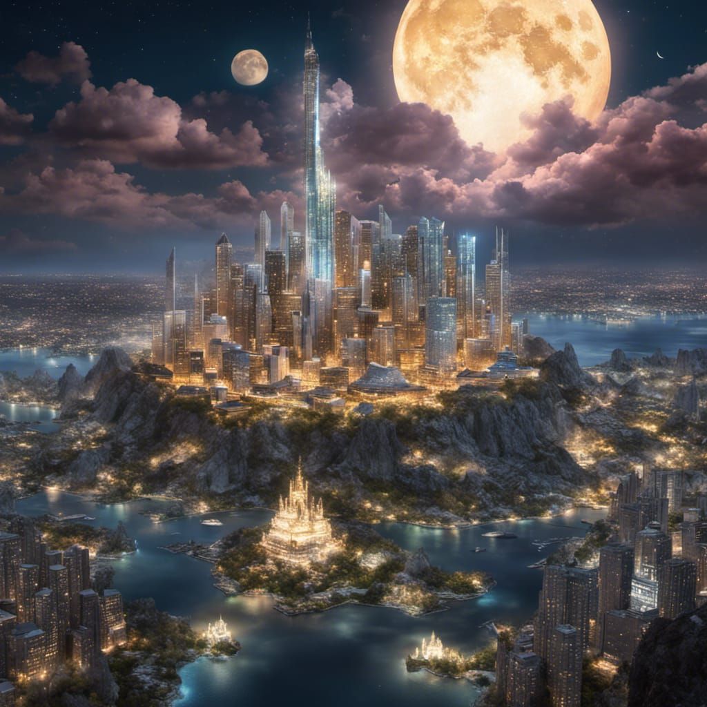 Crystalline City on Floating Island at Night
