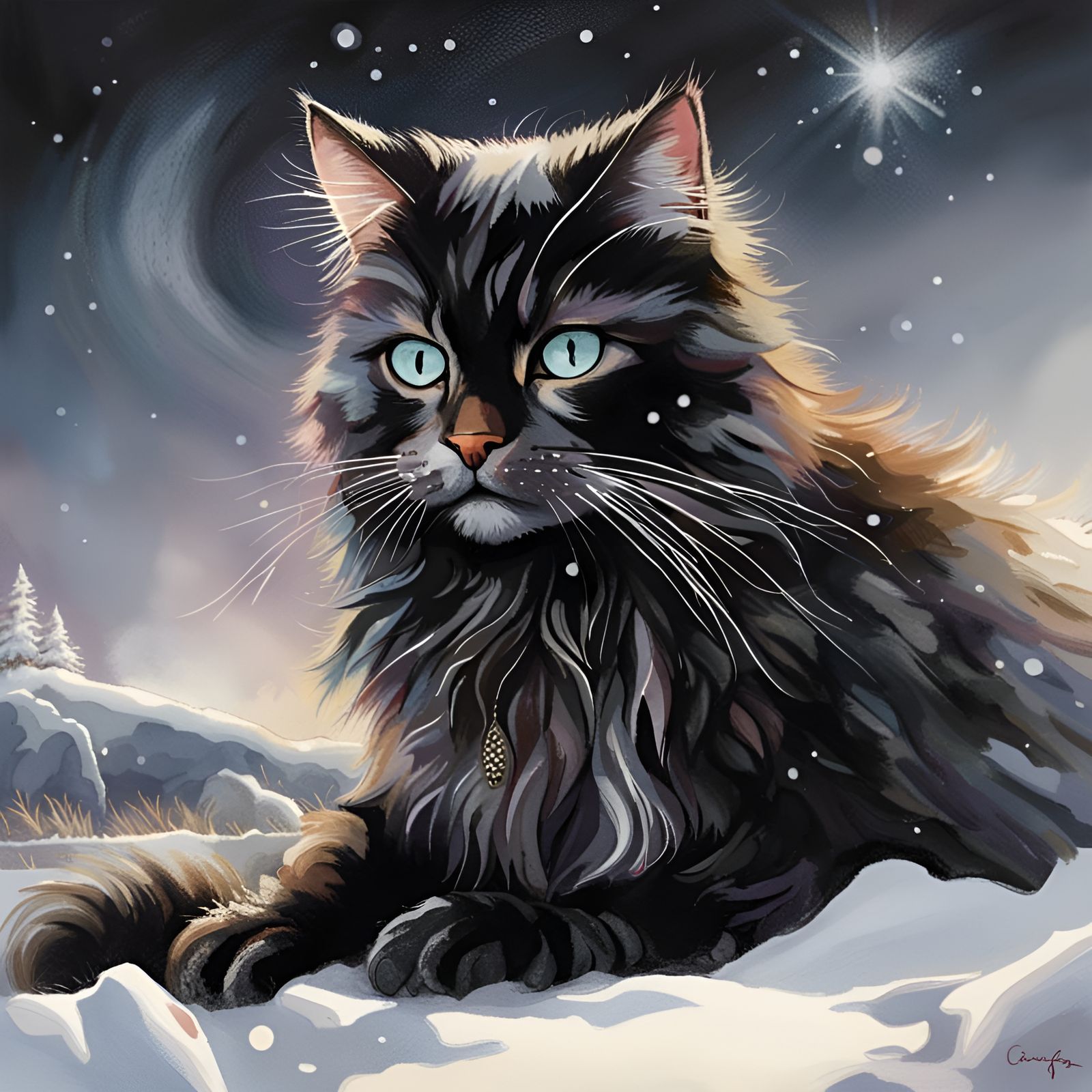 Black cat, winter scene, ethereal fantasy hyperdetailed, by Thomas Kinkade