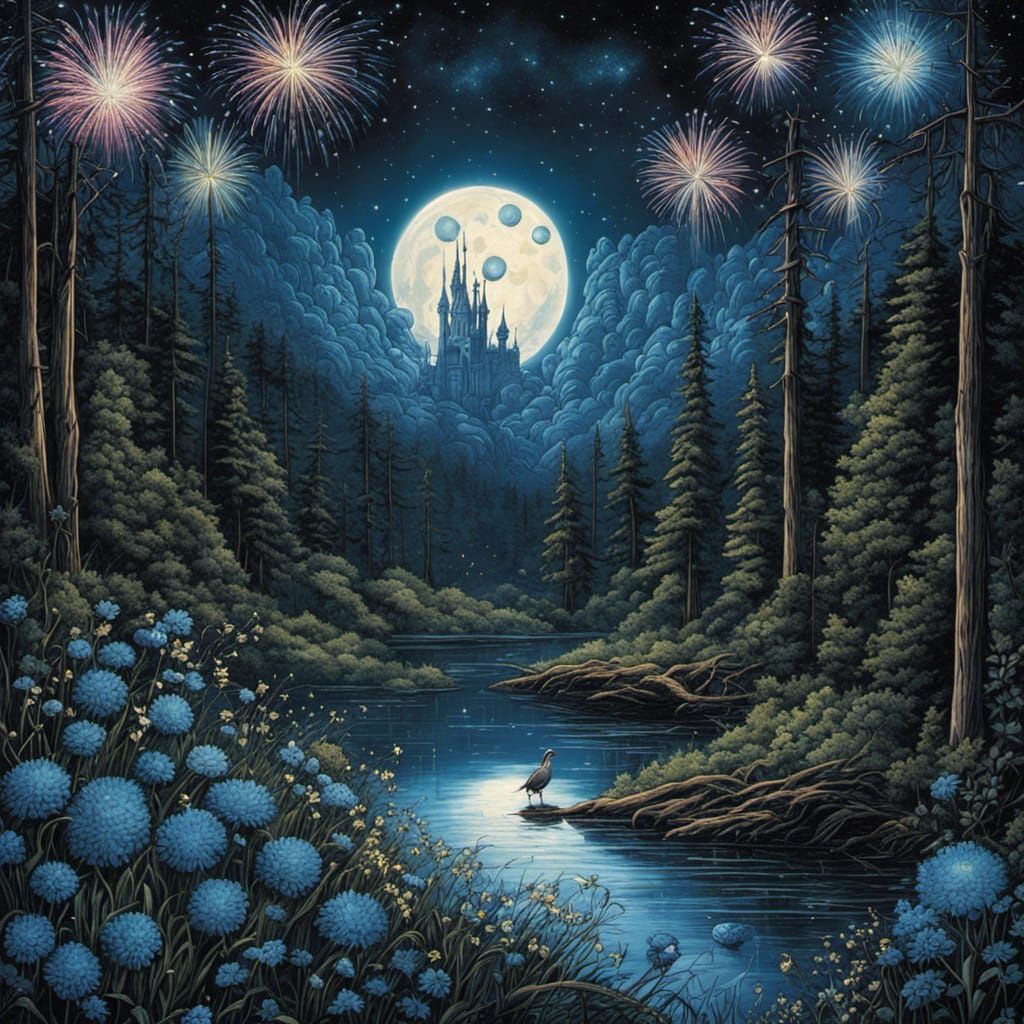 Gothic Forest Lake at Midnight in Burton Style