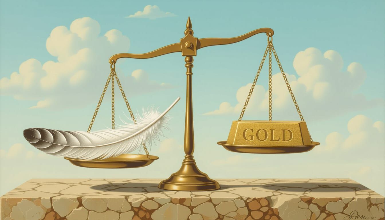 Surreal Balance Scale: Feather vs. Gold