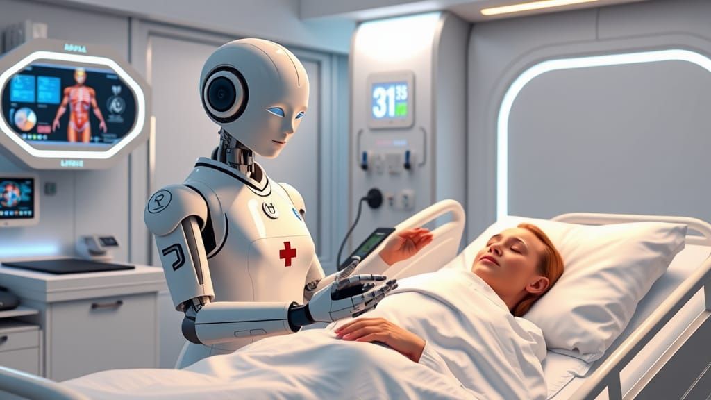 Futuristic Robot Nurse Comforts Patient in Modern Hospital