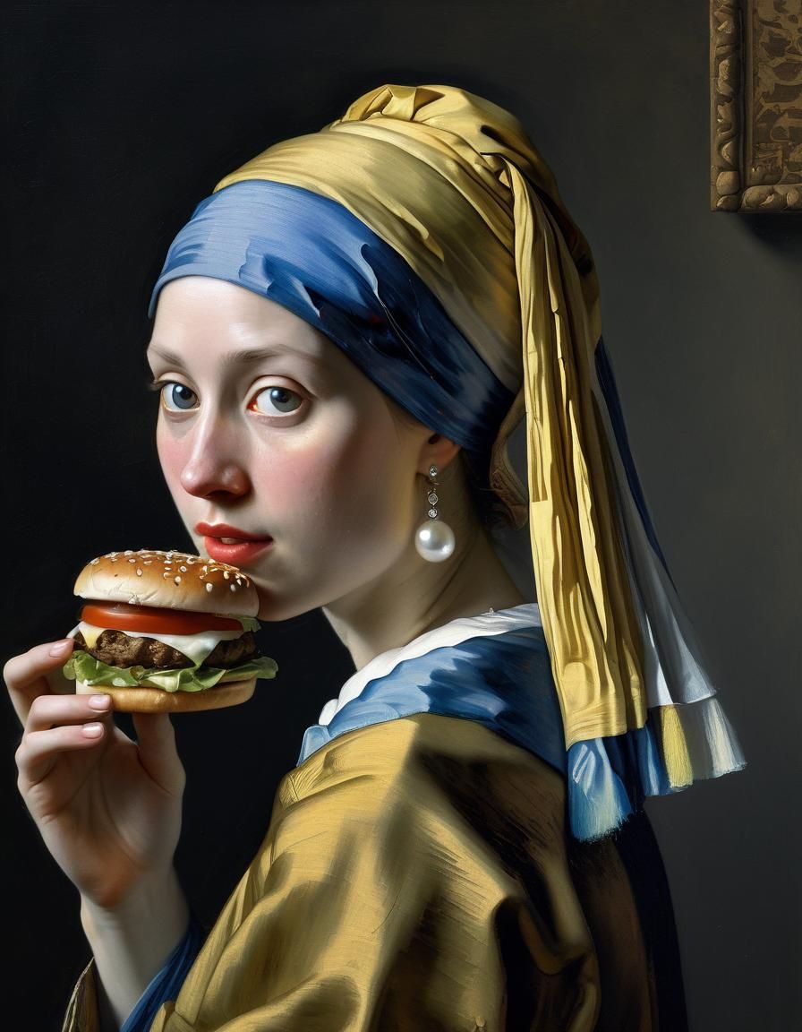Girl with a Pearl Earring Holding Burger
