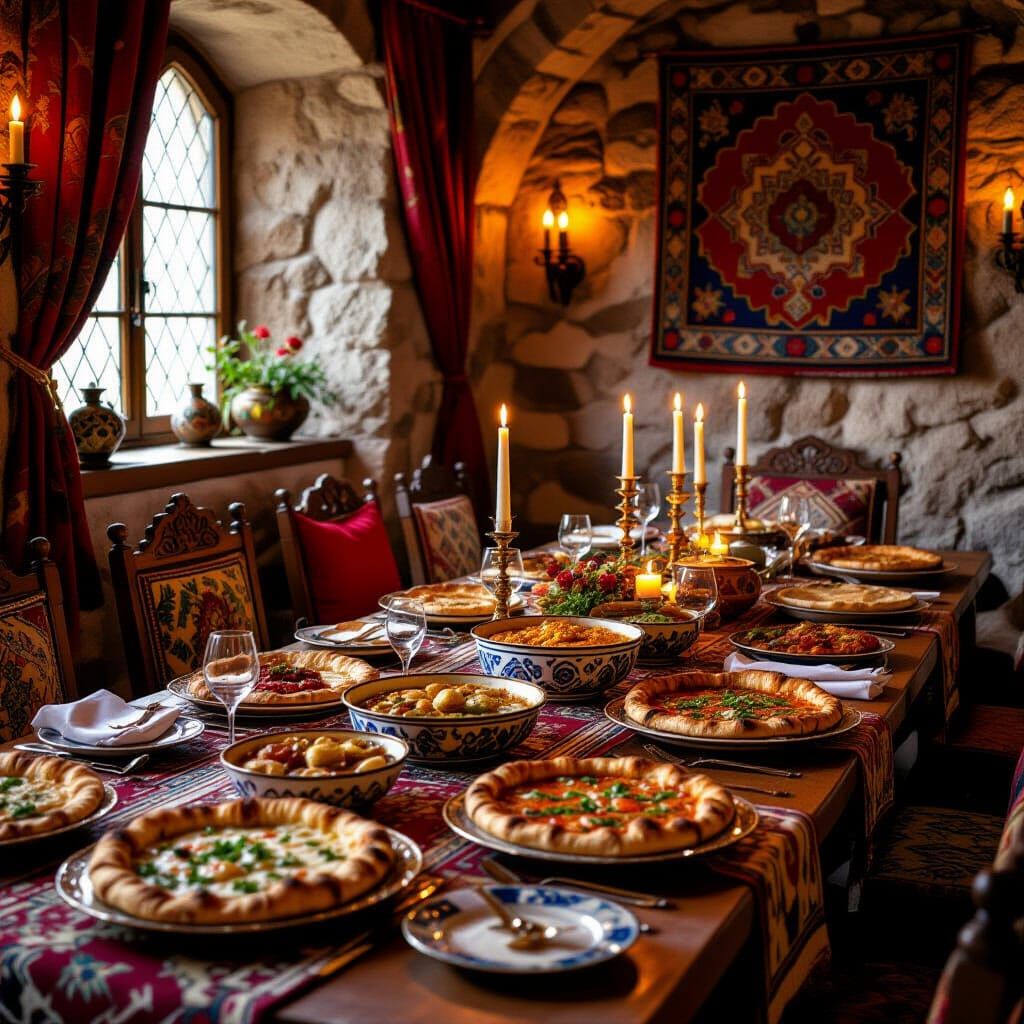 Medieval Banquet with Turkish Dishes in Fragonard Style