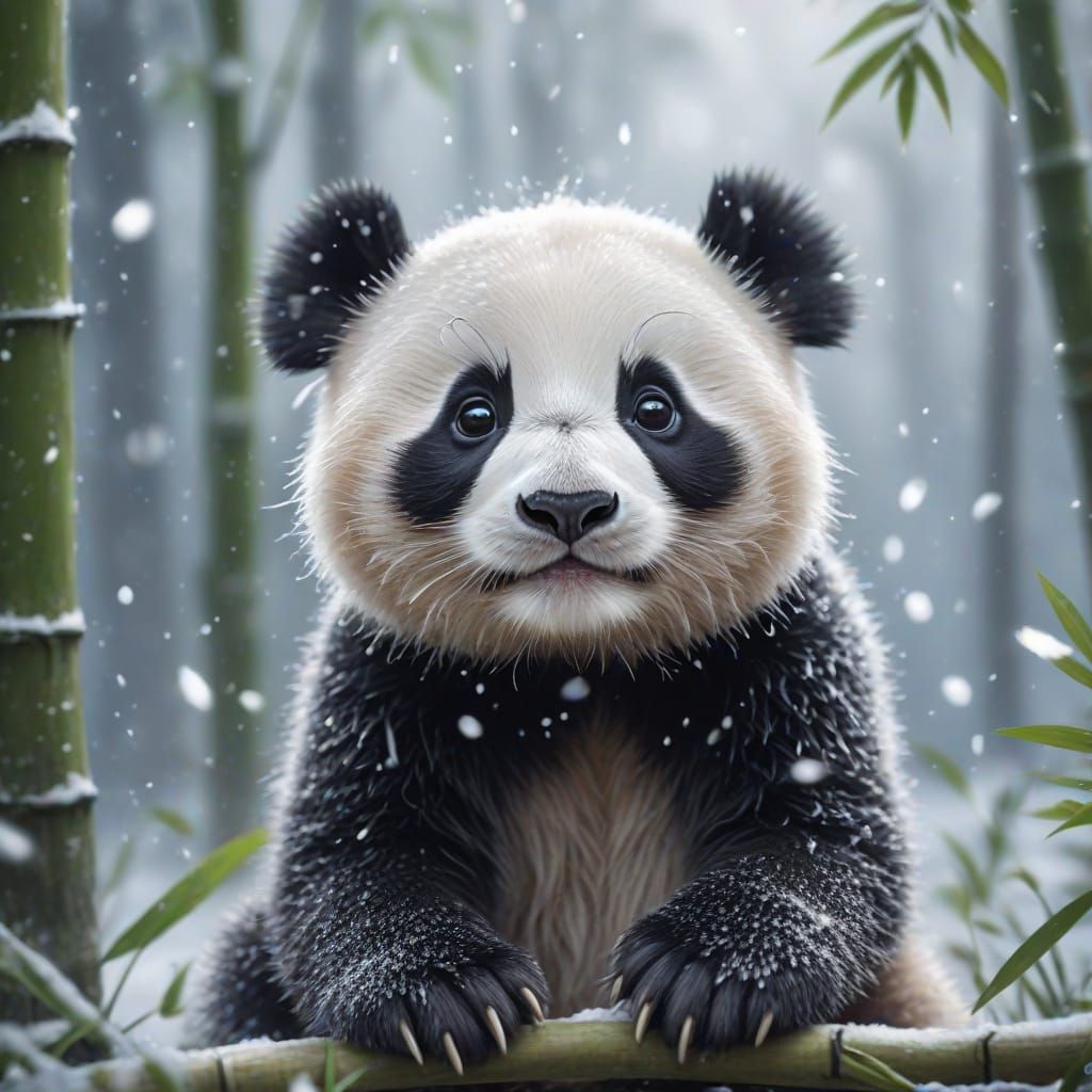 Panda Cub Playing in Snow: Watercolor Digital Art