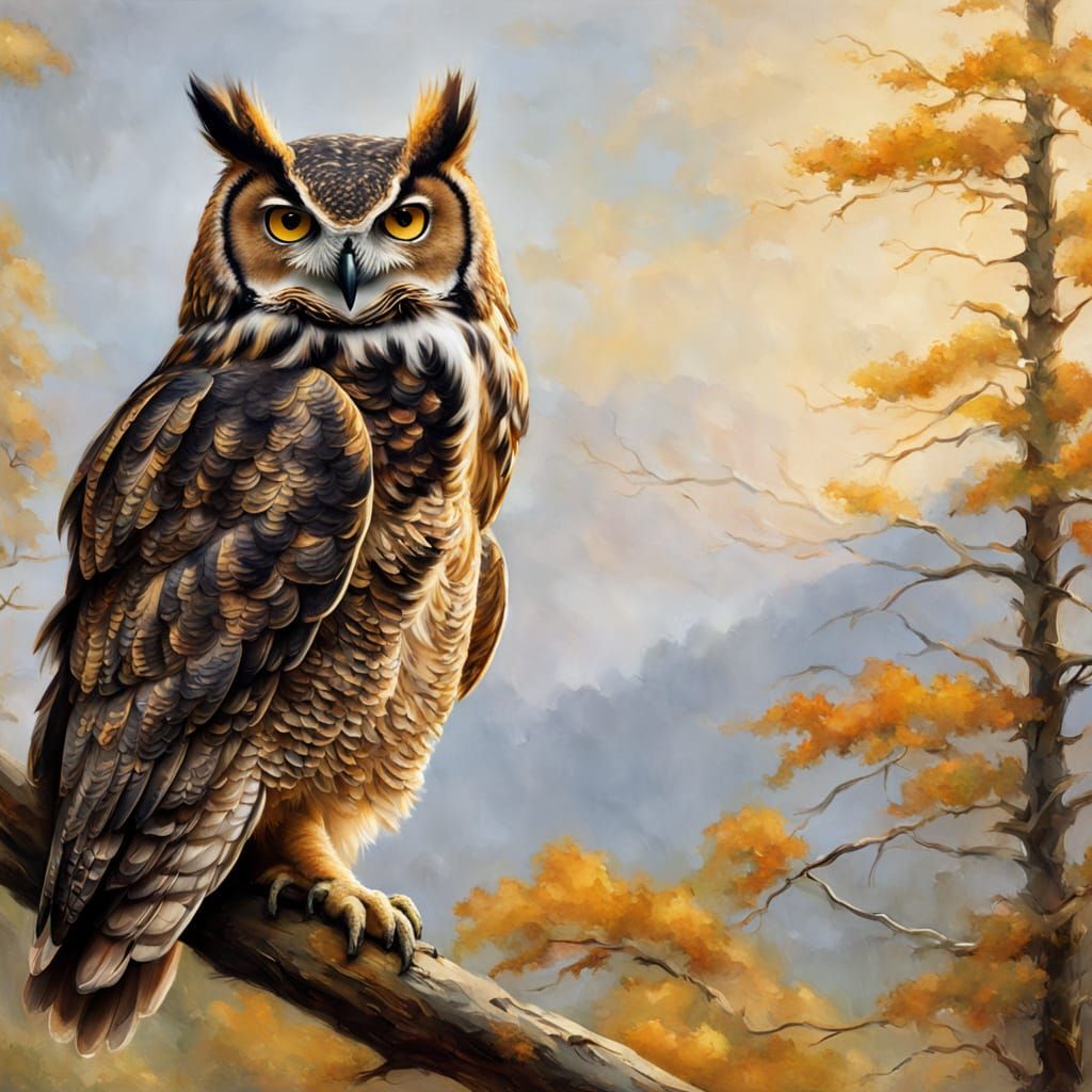 Surreal Great Horned Owl in Golden Light, Oil Painting Style