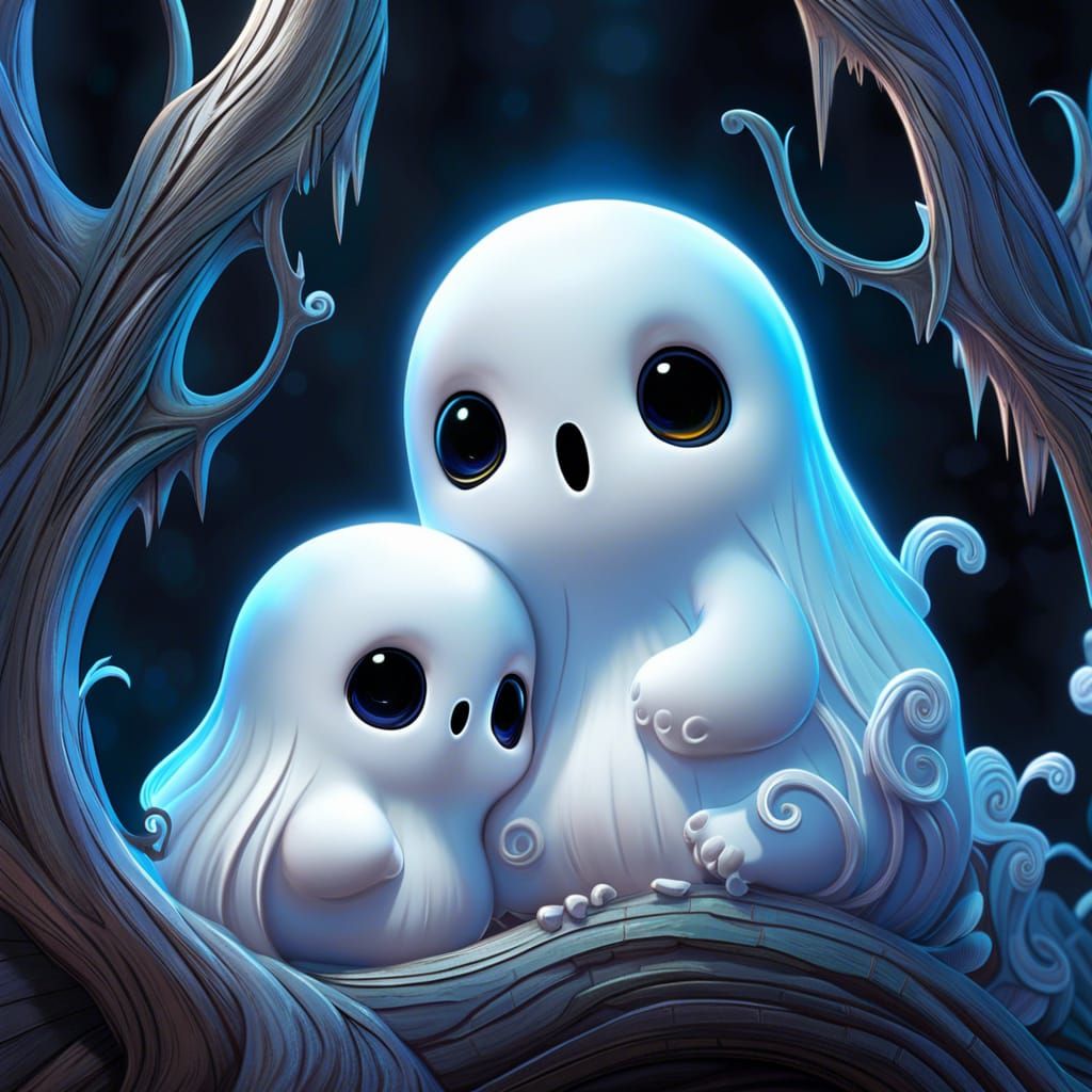 Adorable Snuggling Ghosts in Bright Fantasy Art