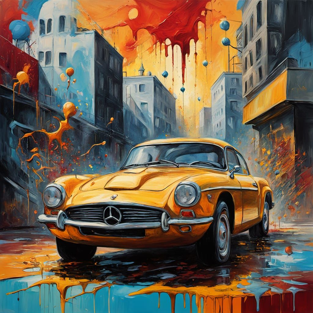 Surreal Melting World: Cars and Stars in Gouache Style