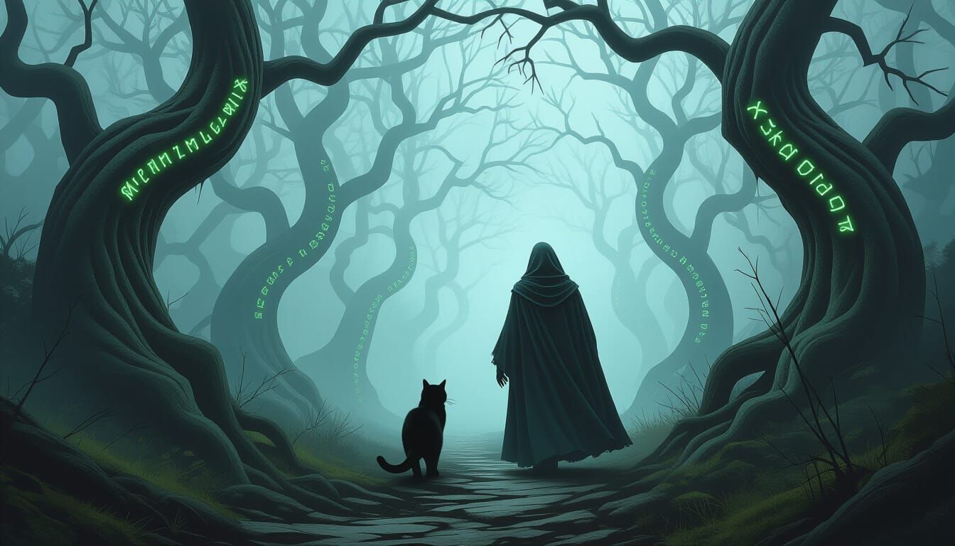 Ancient Witch and Cat in Foggy Rune Forest