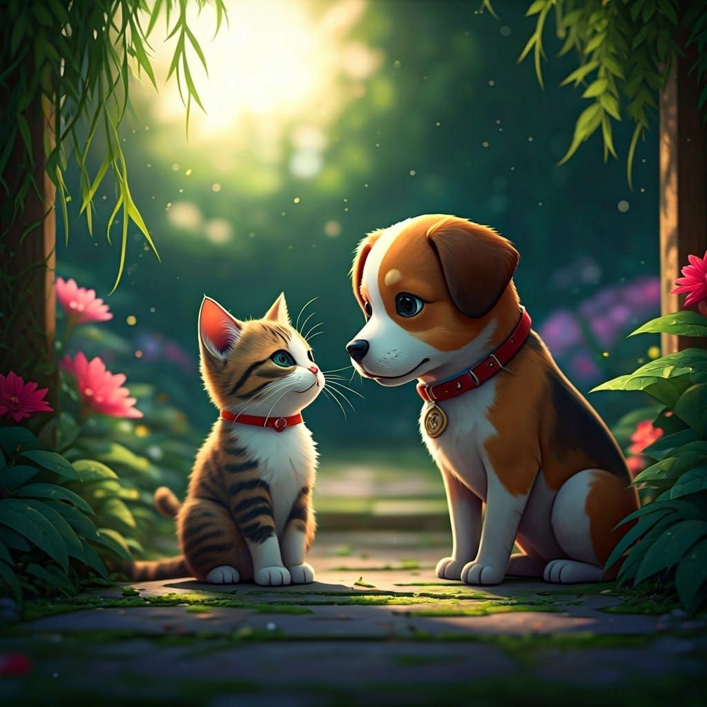 Playful Kitten and Dog in Anime Garden
