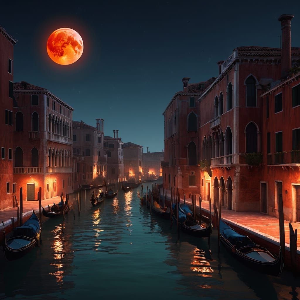 Venice Cityscape at Night with Orange Moon