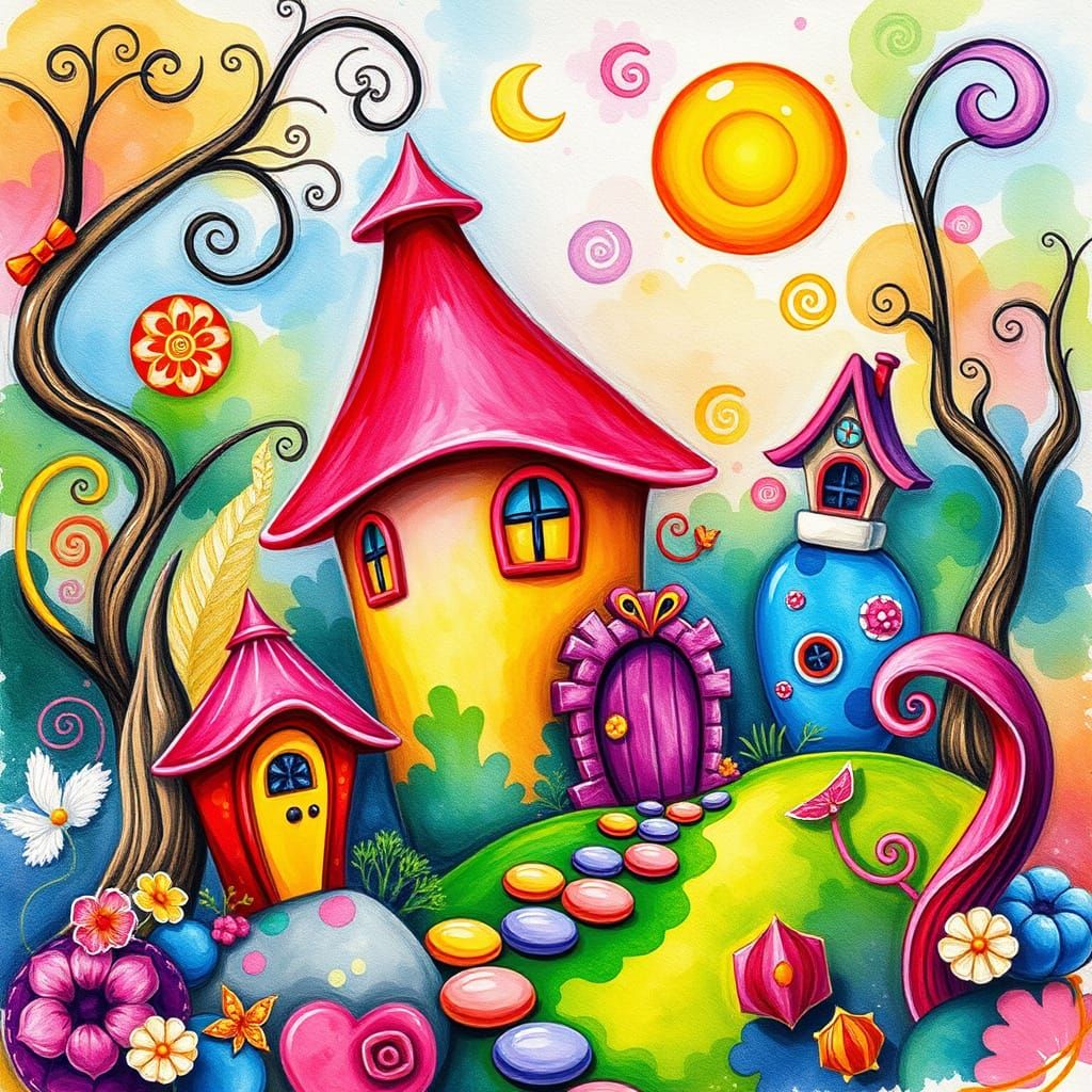 Vibrant Candyland Wonderland with Gouache Swirls