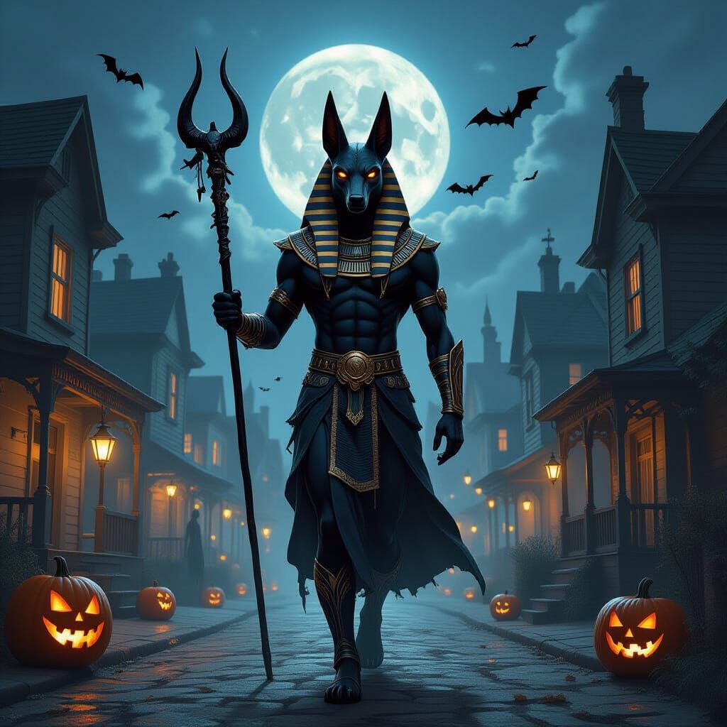 Anubis Walks Through Dark Halloween Town