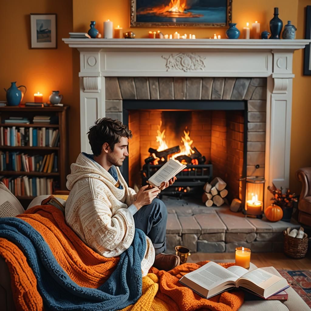 Cozy Living Room with Fireplace: Digital Painting