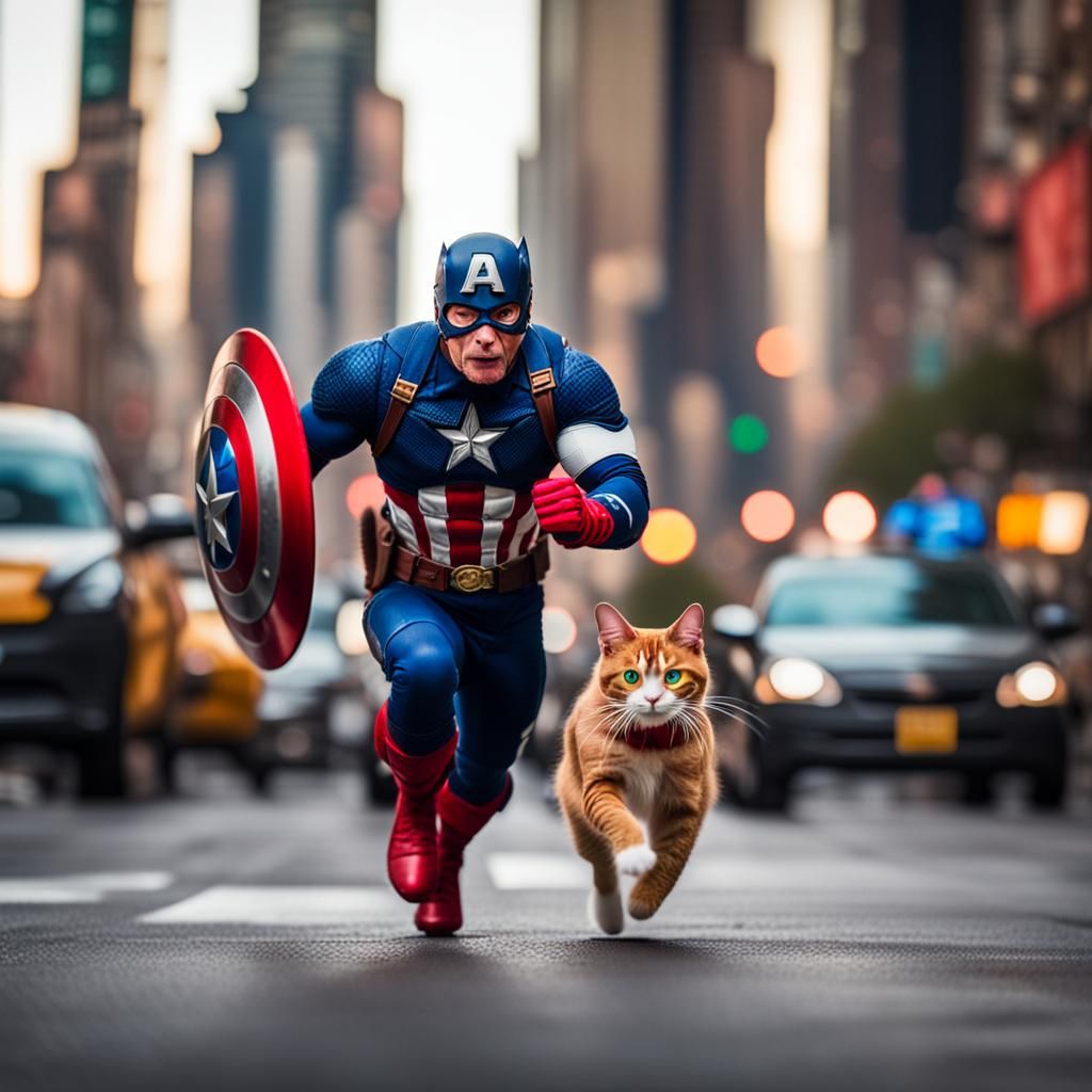 Captain America Runs Through New York With Cat