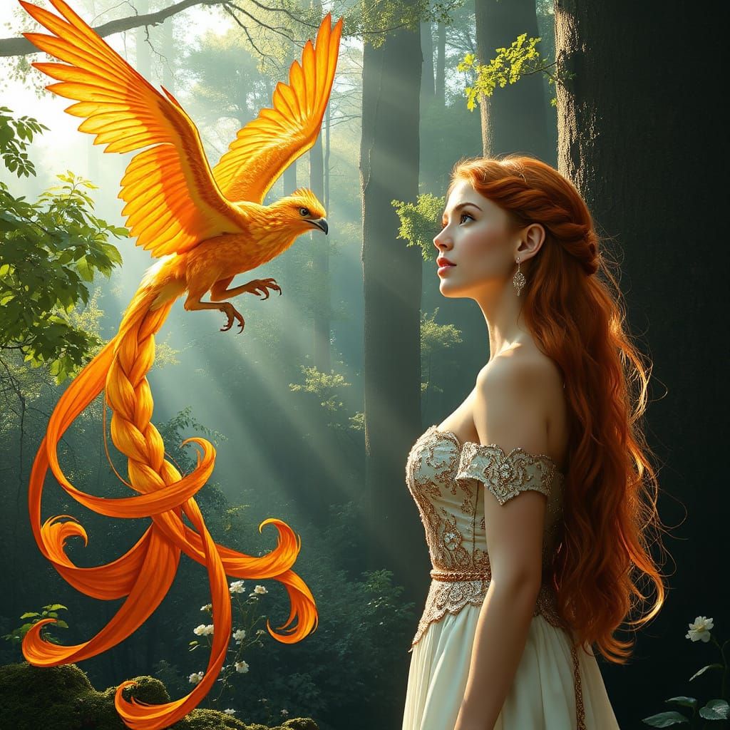 Hyperrealist Elven Queen Gazing at Majestic Phoenix in Vibra...