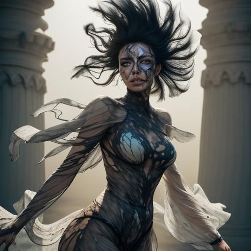 Woman in Sandstorm of Energy as 3D Render