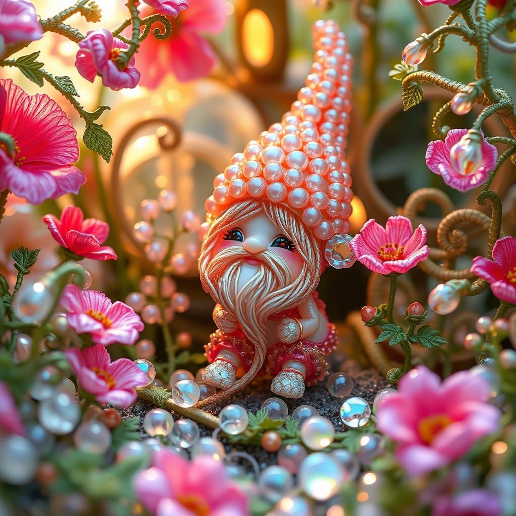 Beaded Gnome in Mystical Garden, 3D Render