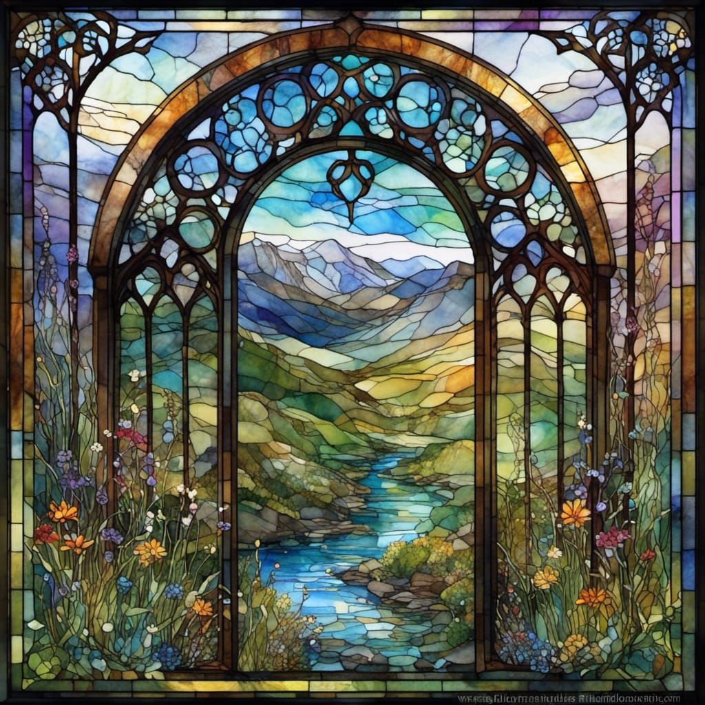 Vibrant Stained Glass of Ironwork Gateway to Serene Meadow