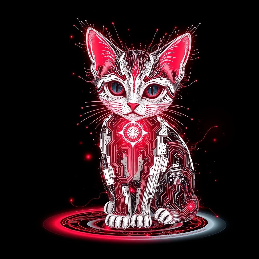 Cosmic Circuit Board Kitten in Holographic Digital Art