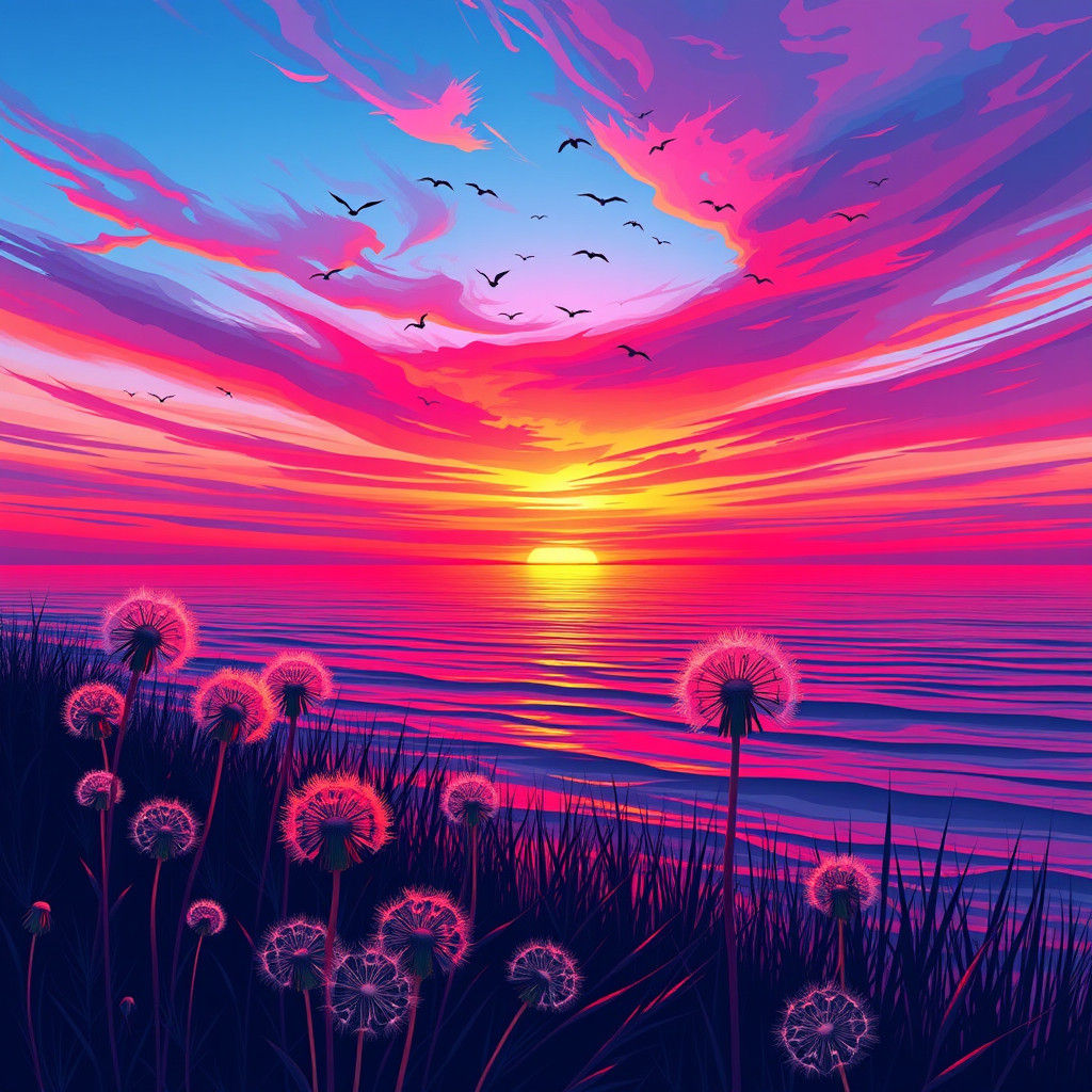 Sunset Seascape with Dandelions in Fractal Art Style
