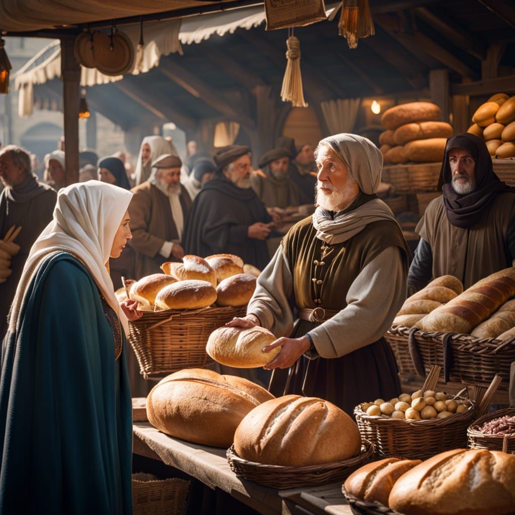 Medieval Market Scene with Woman Buying Bread