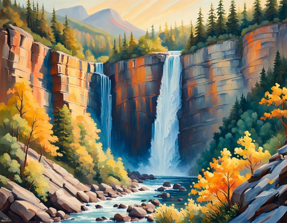 Raging Waterfall in Impressionist Gouache Style