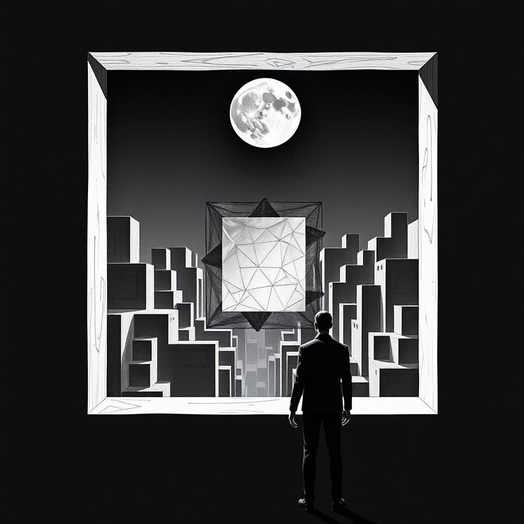 A Figure Gazes Out at a Geometric Cityscape Through a Monoch...