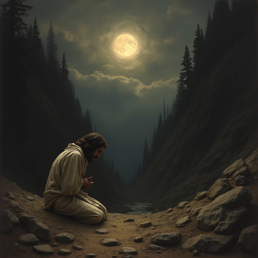 Jesus Praying in Moonlit Forest: Dramatic Lighting