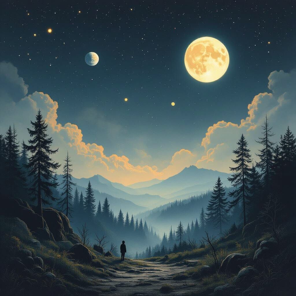 Surreal Dark Landscape with Starry Sky and Ancient Ruins