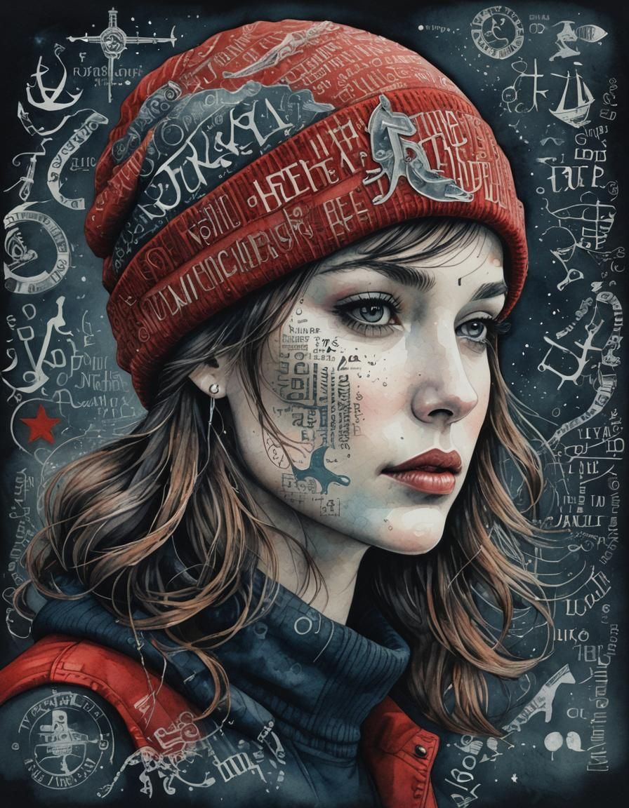Typographic Portrait of Woman in Red Beanie