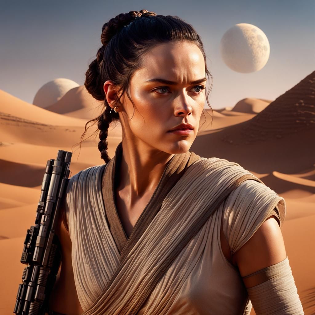 Hyperrealistic Rey Portrait on Desert World with Moons